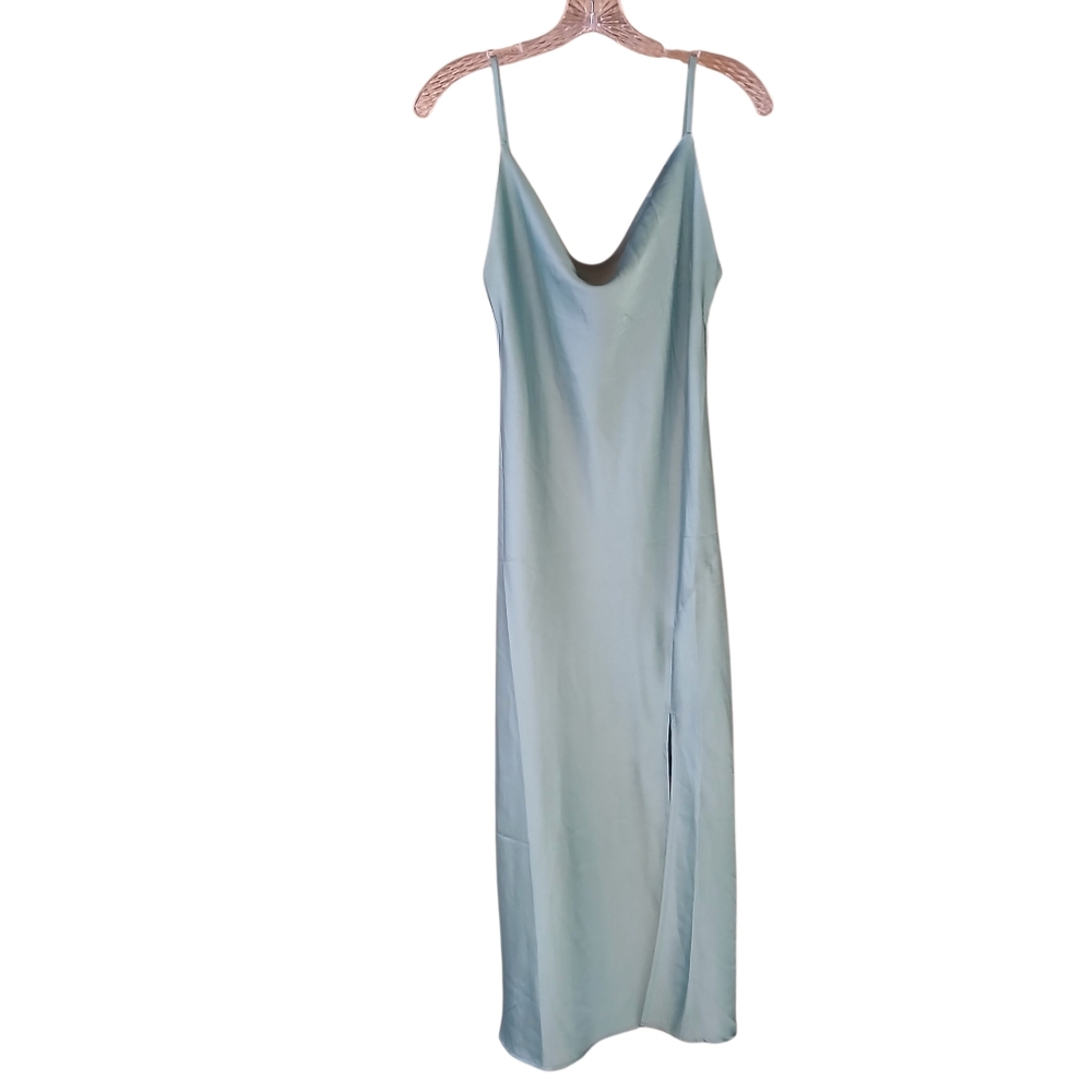 Paper Heart Teal Cowl Neck Satin Maxi High Slit Slip Dress Small